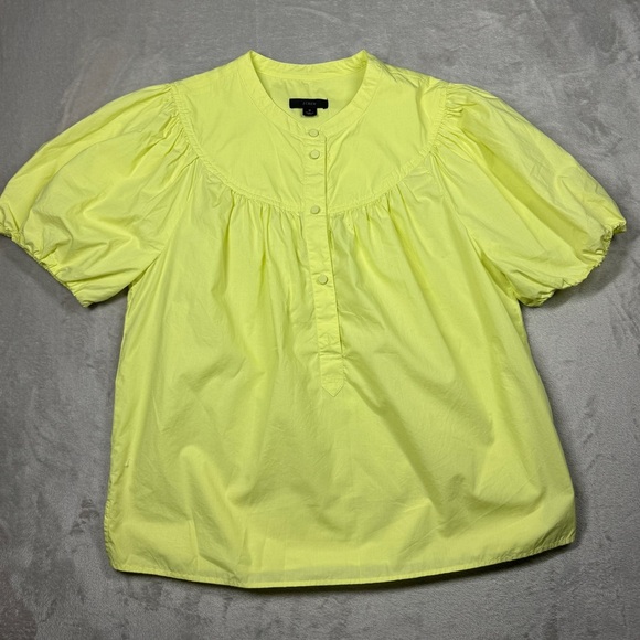 J.Crew Puff Sleeve Cotton Poplin Popover Button Neckline Neon Yellow Blouse 2 - Picture 1 of 10